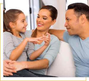 A family sitting on the couch together